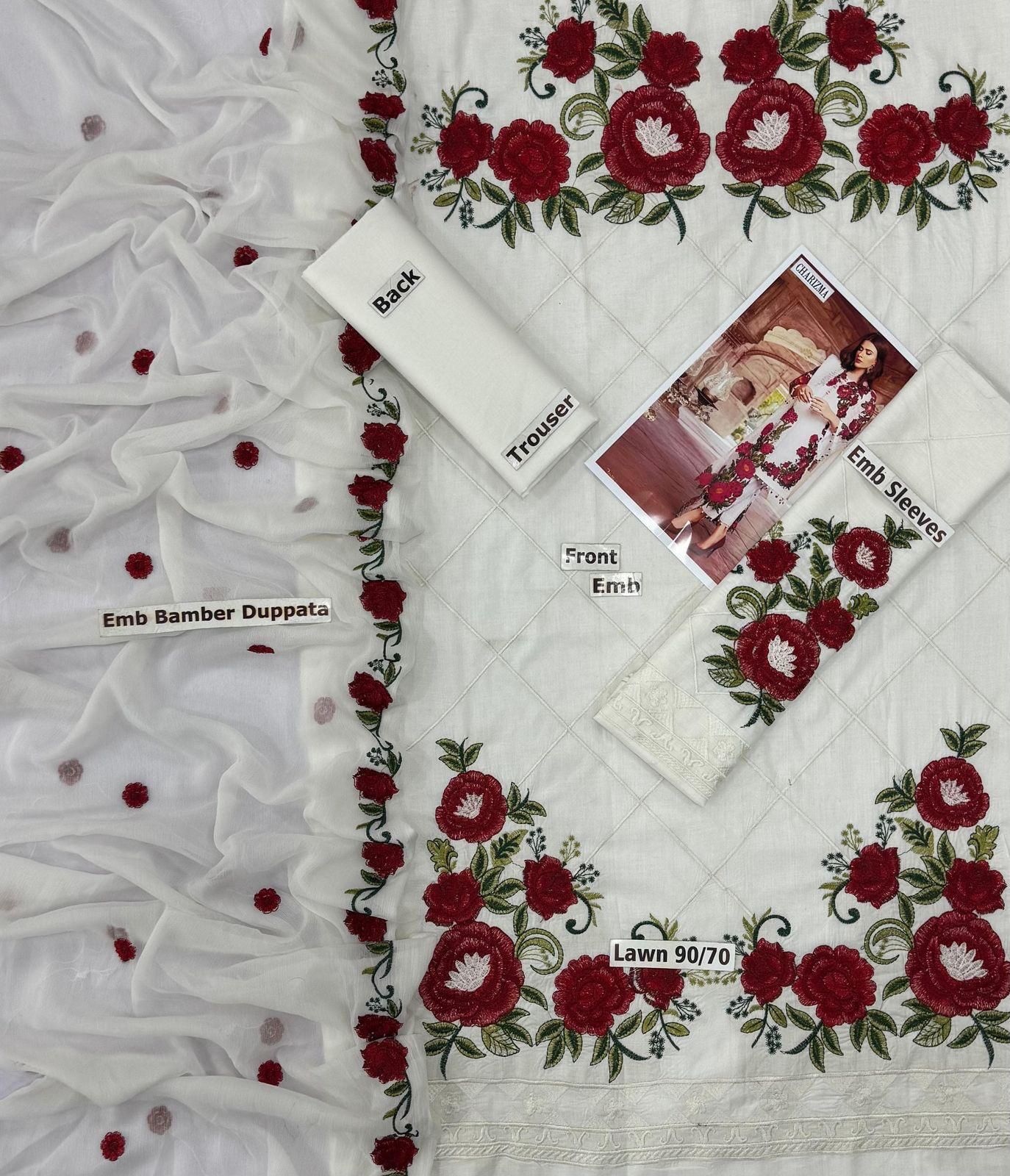 Chrizma white color emb 3pc lawn